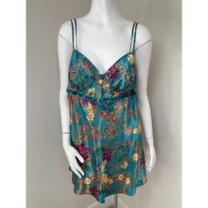 Cacique Teal Floral Satin Chemise Lingerie Babydoll Nightgown Plus Size 18/20